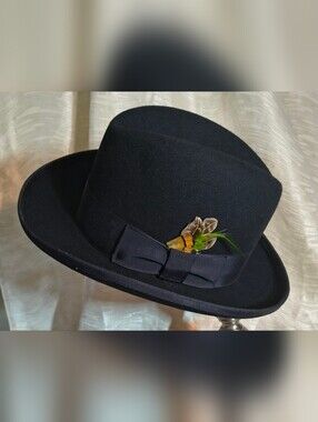 Black Wool Godfather Homburg with Feather Accent, Med. Excellent Condition